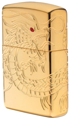 Armor?« Asian Dragon 360-Degree Gold-Plate Windproof Lighter standing at an angle, showing the right side