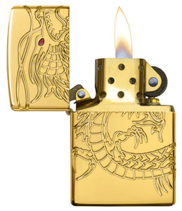 Armor® Asian Dragon 360-Degree Gold-Plate Windproof Lighter standing at an angle, showing the right side