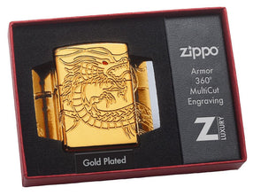 Armor® Asian Dragon 360-Degree Gold-Plate Windproof Lighter in its packaging