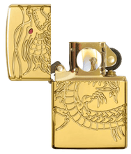 Armor?« Asian Dragon 360-Degree Gold-Plate Pipe Lighter with its lid open and lit