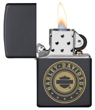 Harley-Davidson?« Laser Engrave Logo Black Matte Lighter with its lid open and lit