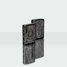 Lifestyle image of Knight Fight Design High Polish Black Windproof Lighter, showing the front and back on a white mirrored background