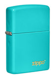 Front shot of Classic Flat Turquoise Zippo Logo Windproof Lighter standing at a 3/4 angle