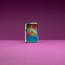 Lifestyle image of Psychedelic Brain Design Multi Color Windproof Lighter standing in a purple scene.