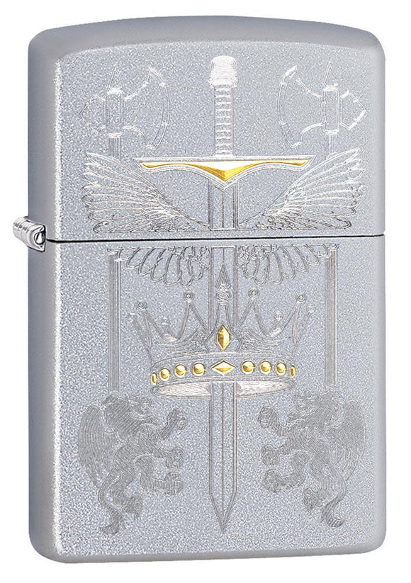 Front shot of Sword Design Satin Chrome Windproof Lighter standing at a 3/4 angle