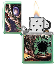 High Polish Green Octopus Design Windproof Lighter open and lit