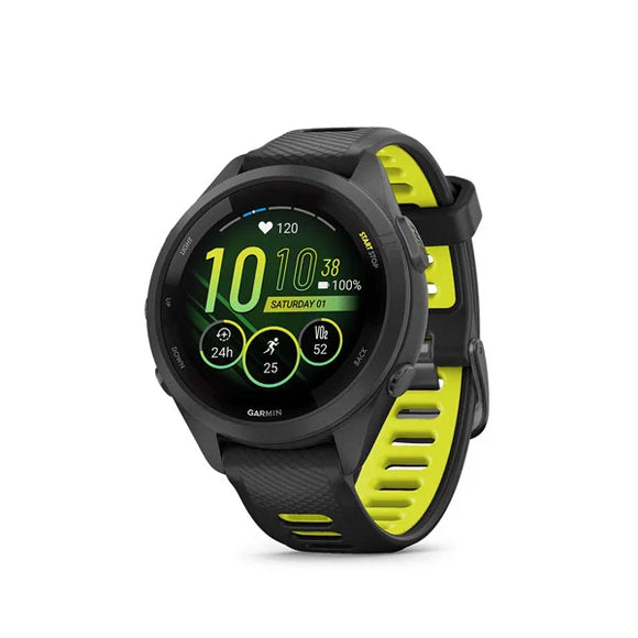 Garmin Forerunner® 265S Black Bezel and Case with Black/amp Yellow Silicone Band