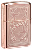 Back shot of Reimagine Zippo High Polish Rose Gold Windproof Lighter standing at a 3/4 angle