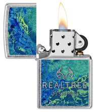 Realtree?« Blue and Green Camo Street Chrome?äó Windproof Lighter with its lid open and lit.