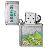 Machu Picchu Design Windproof Lighter with its lid open and unlit.