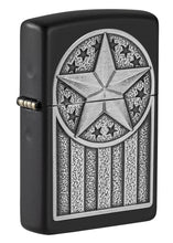 Front shot of American Metal Emblem Black Matte Windproof Lighter standing at a 3/4 angle.