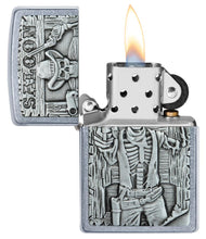 Saloon Skull Emblem Street Chrome?äó Windproof Lighter with its lid open and lit