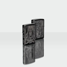 Back shot of Knight Fight Design High Polish Black Windproof Lighter standing at a 3/4 angle