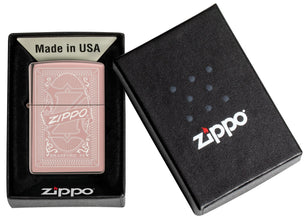 Reimagine Zippo High Polish Rose Gold Windproof Lighter in its packaging