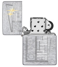 Retro Zippo Design Vintage Brushed Chrome Windproof Lighter with its lid open and unlit.