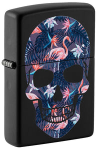 Front shot of Flamingo Skull Design Black Matte Windproof Lighter standing at a 3/4 angle.