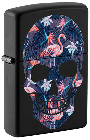 Front shot of Flamingo Skull Design Black Matte Windproof Lighter standing at a 3/4 angle.