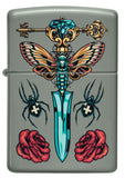 Zippo Gothic Dagger Design Sage Pocket Lighter with its lid open and unlit.