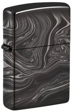 Front shot of Marble Pattern Design High Polish Black Windproof Lighter standing at a 3/4 angle.