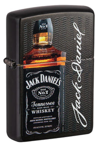 Front shot of Jack Daniel's® Logo and Bottle Gray Windproof Lighter standing at a 3/4 angle