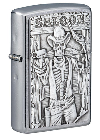 Front shot of Saloon Skull Emblem Street Chrome?äó Windproof Lighter standing at a 3/4 angle