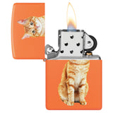 Cat Design Windproof Lighter with its lid open and lit.