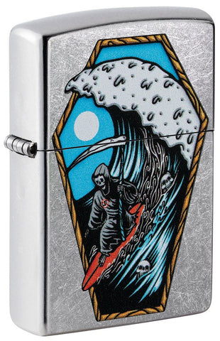 Front shot of Reaper Surfer Design Street Chrome?äó Windproof Lighter standing at a 3/4 angle.