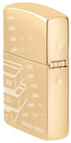 Angled shot of Zippo 2023 Founder's Day Collectible Armor High Polish Brass Windproof Lighter, showing the back and hinge side of the lighter.