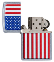 Patriotic Street Chrome Windproof Lighter with its lid open and unlit.