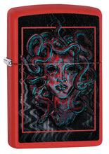 Front view of Medusa Design Red Matte Windproof Lighter standing at a 3/4 angle