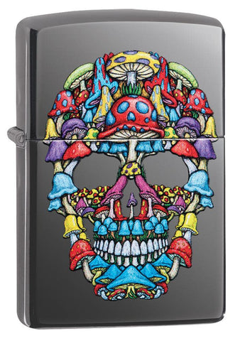 Mushroom Skull Design Black Ice Windproof Lighter facing forward at a 3/4 angle,