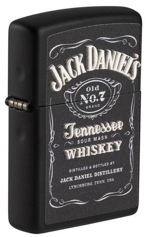 Front shot of Jack Daniel's?« Texture Print Black Matte Windproof Lighter standing at a 3/4 angle