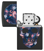 Flamingo Skull Design Black Matte Windproof Lighter with its lid open and unlit.