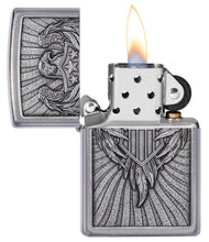 Eagle Shield Emblem Design Street Chrome?äó Windproof Lighter with its lid open and lit