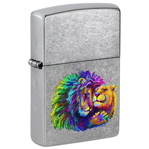 Front shot of Lion Design Windproof Lighter standing at a 3/4 angle.