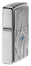 Anne Stokes Gothic Prayer Emblem Brushed Chrome Windproof Lighter with its lid open and lit.