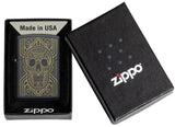 Art Deco Skull Black Matte Windproof Lighter in its packaging