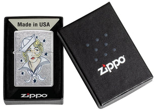 Sailor Girl Tattoo Design Street Chrome?äó Windproof Lighter in its packaging.