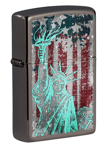 Front shot of Statue Of Liberty Design Black Ice?« Windproof Lighter standing at a 3/4 angle.