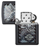 Harley-Davidson Chrome Eagle Black Matte Lighter with its lid open and unlit