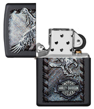 Harley-Davidson Chrome Eagle Black Matte Lighter with its lid open and unlit