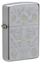 Front shot of Painted Floral Satin Chrome Windproof Lighter standing at a 3/4 angle