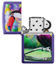 Toucan Design Purple Matte Windproof Lighter with its lid open and unlit