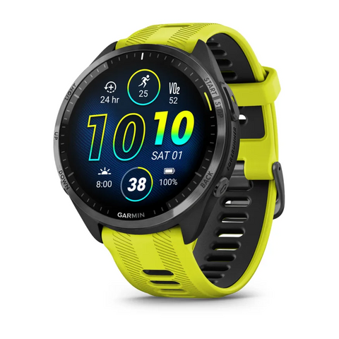 Garmin Forerunner® 965 Carbon Gray DLC Titanium Bezel with Black Case and Amp Yellow/Black Silicone Band