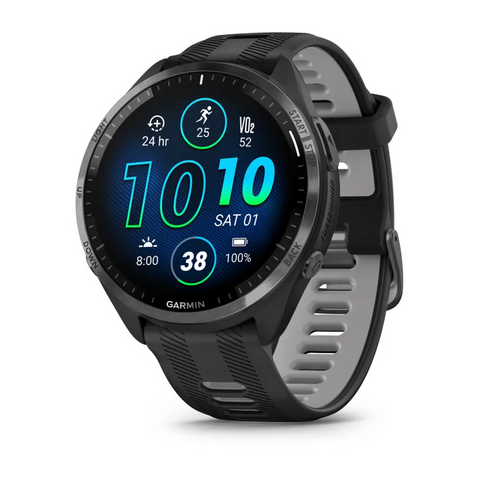 Garmin Forerunner® 965 Carbon Gray DLC Titanium Bezel with Black Case and Black/Powder Gray Silicone Band