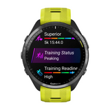 Garmin Forerunner® 965 Carbon Gray DLC Titanium Bezel with Black Case and Amp Yellow/Black Silicone Band