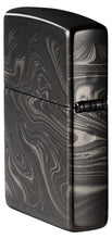 Angled shot of Marble Pattern Design High Polish Black Windproof Lighter, showing the back and hinge side of the lighter.