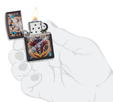 Dragon Pinball Design Black Matte Windproof Lighter lit in hand