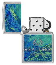 Realtree?« Blue and Green Camo Street Chrome?äó Windproof Lighter with its lid open and unlit.