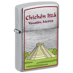 Front shot of Chichen Itza Design Windproof Lighter standing at a 3/4 angle.